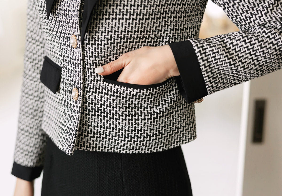 Elegant Feminine Tweed Jacket with Ribbon Tie / Korean Style Classic Cardigan Autumn Blazer / Long Sleeve Soft Jacket