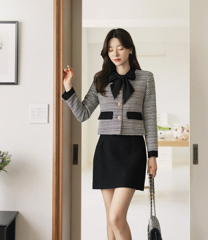 Elegant Feminine Tweed Jacket with Ribbon Tie / Korean Style Classic Cardigan Autumn Blazer / Long Sleeve Soft Jacket