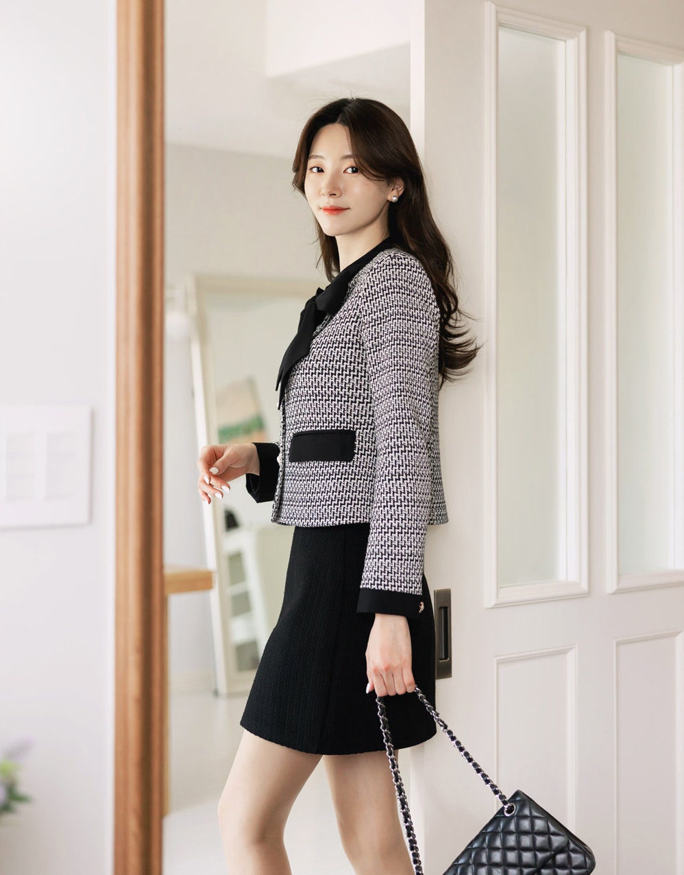 Elegant Feminine Tweed Jacket with Ribbon Tie / Korean Style Classic Cardigan Autumn Blazer / Long Sleeve Soft Jacket