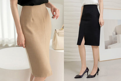 Korean Style High Waist Slim Midi Skirt / Elegant Office Look Skirt / Feminin Under Slit Skirt