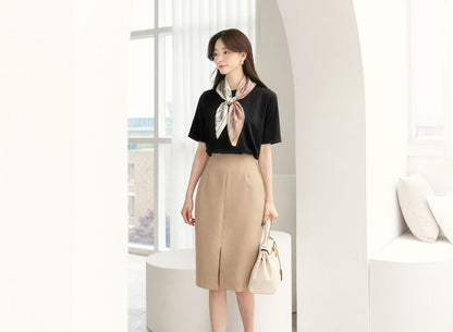 Korean Style High Waist Slim Midi Skirt / Elegant Office Look Skirt / Feminin Under Slit Skirt