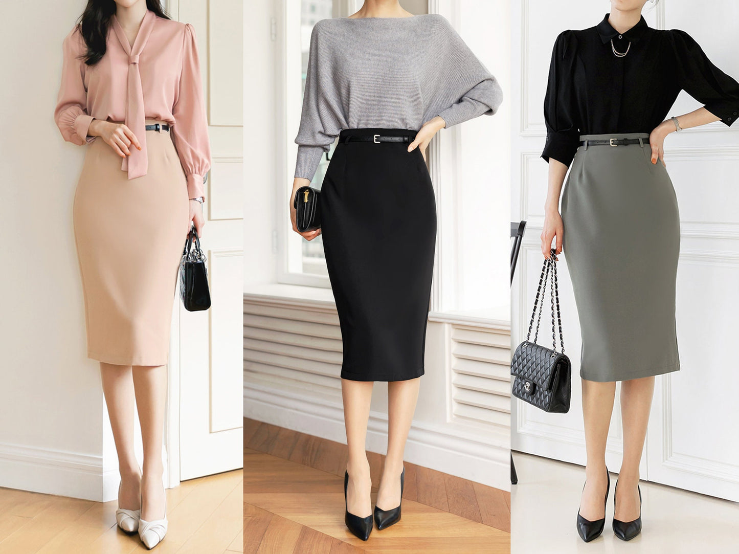 Korean Style Slim Skirt with Belt / Elegant Feminin Office Look Skirt / Basic Skirt