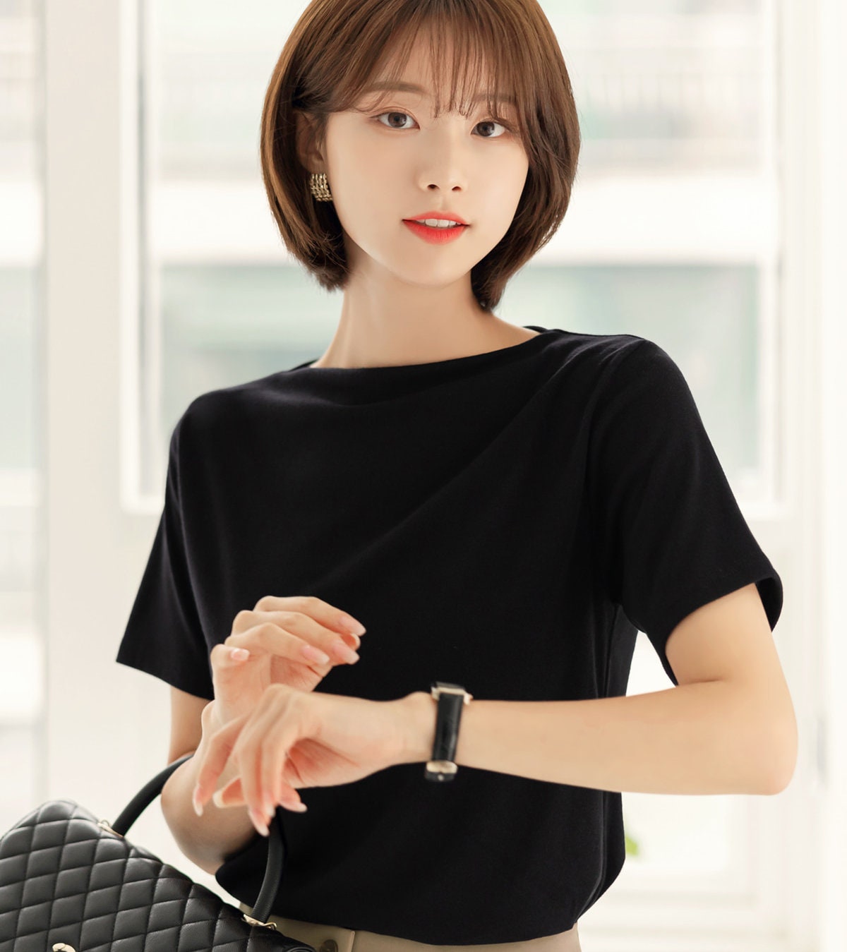 Short Sleeve Boat Neck T-Shirt Top / Korean Style Cotton Blend Top Women Clothes / Office Look Top / Everyday Soft Top