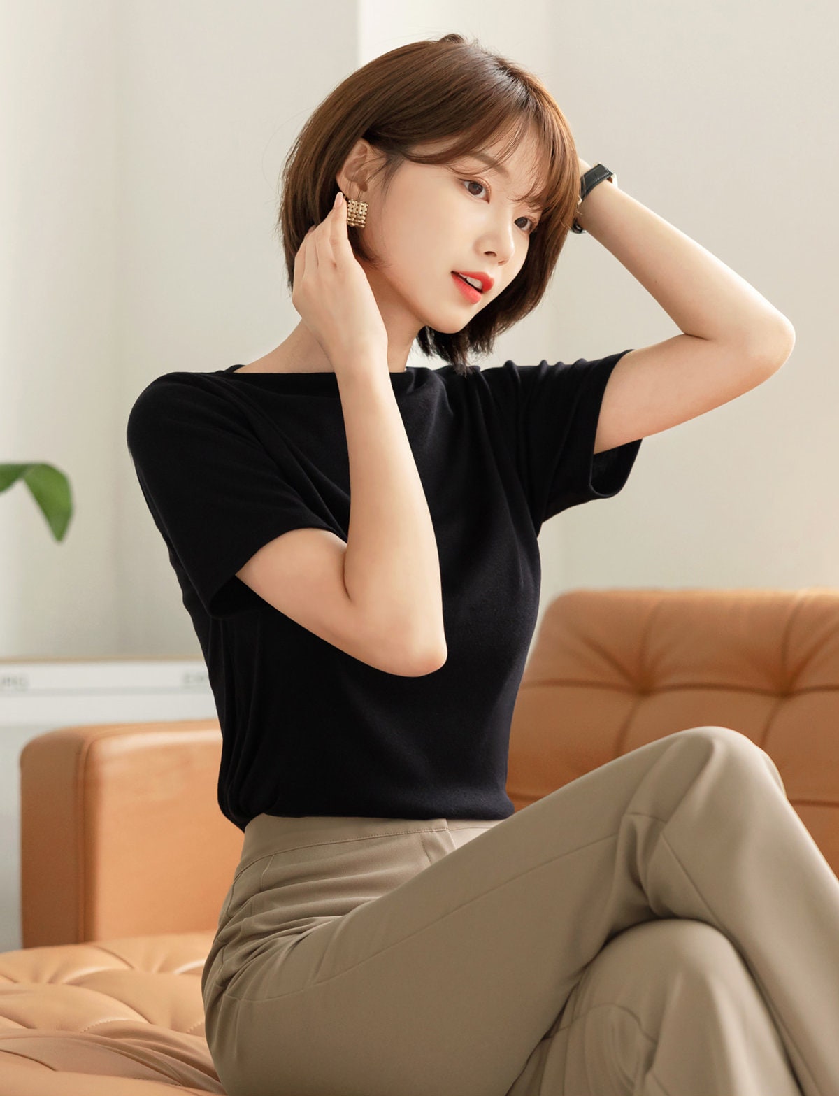 Short Sleeve Boat Neck T-Shirt Top / Korean Style Cotton Blend Top Women Clothes / Office Look Top / Everyday Soft Top