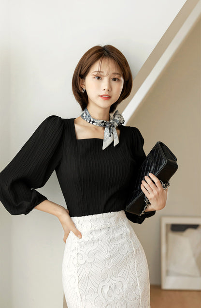 Elegant Feminine Square Neck Blouse / Korean Style Women Clothes / Office Look Top / Party Top / Everyday Soft Blouse