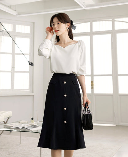 Long Sleeve Heart Neck Blouse / Korean Style Off Shoulder Top / Women Clothes / Office Look Top / Everyday Soft Blouse