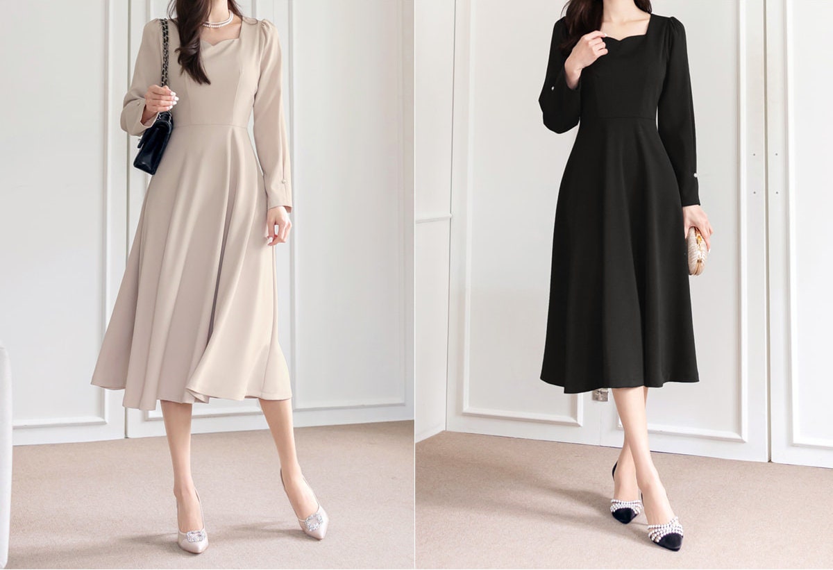 Elegant Feminin Sweetheart Neck Flare Dress / Korean Style Classic Midi Dress / Spring Summer Basic Long Sleeve Dress