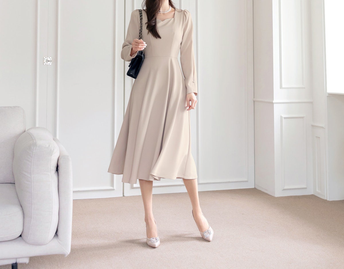 Elegant Feminin Sweetheart Neck Flare Dress / Korean Style Classic Midi Dress / Spring Summer Basic Long Sleeve Dress