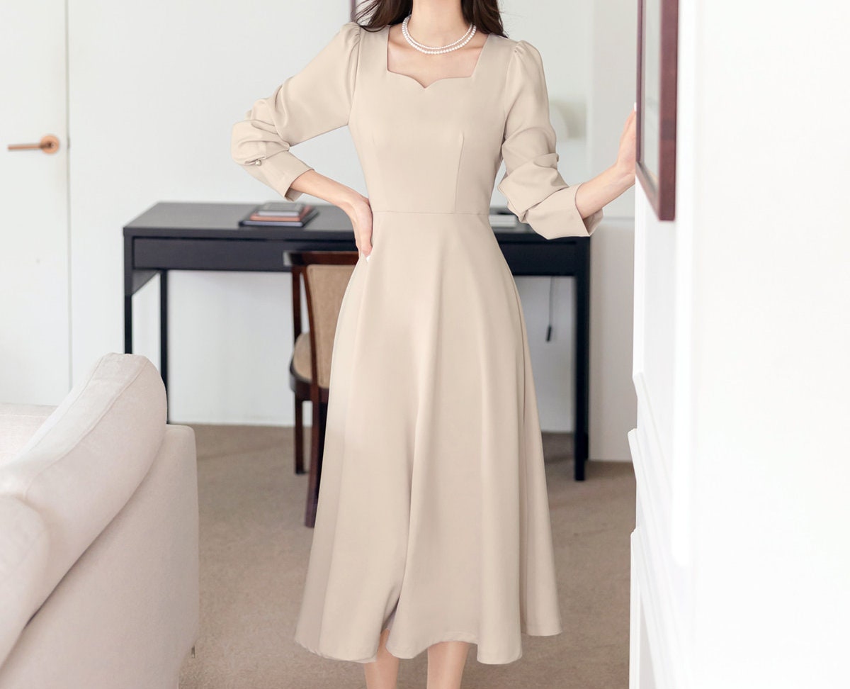 Elegant Feminin Sweetheart Neck Flare Dress / Korean Style Classic Midi Dress / Spring Summer Basic Long Sleeve Dress