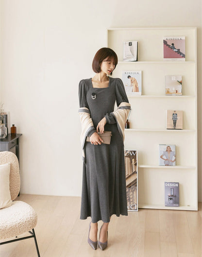 Feminine Square Neck Long Dress for Women / Korean Style Women Easy Dress / Feminine Long Dress Loungewear Dress