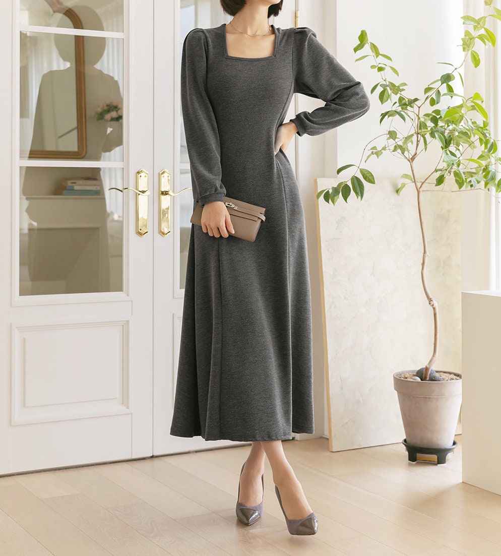 Feminine Square Neck Long Dress for Women / Korean Style Women Easy Dress / Feminine Long Dress Loungewear Dress