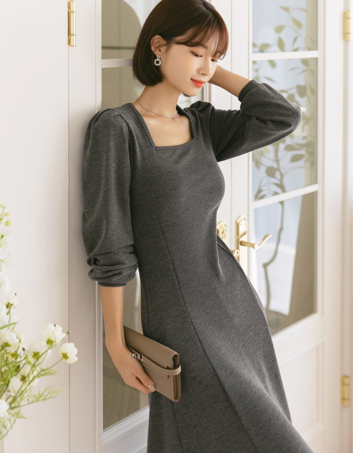 Feminine Square Neck Long Dress for Women / Korean Style Women Easy Dress / Feminine Long Dress Loungewear Dress