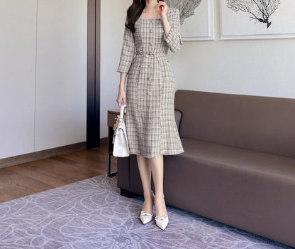 Elegant Feminine Semi-Mermaid Tweed Dress / Korean Style Mini Dress with Belt / Luxury Wear Elegant Dress for Spring, Fall