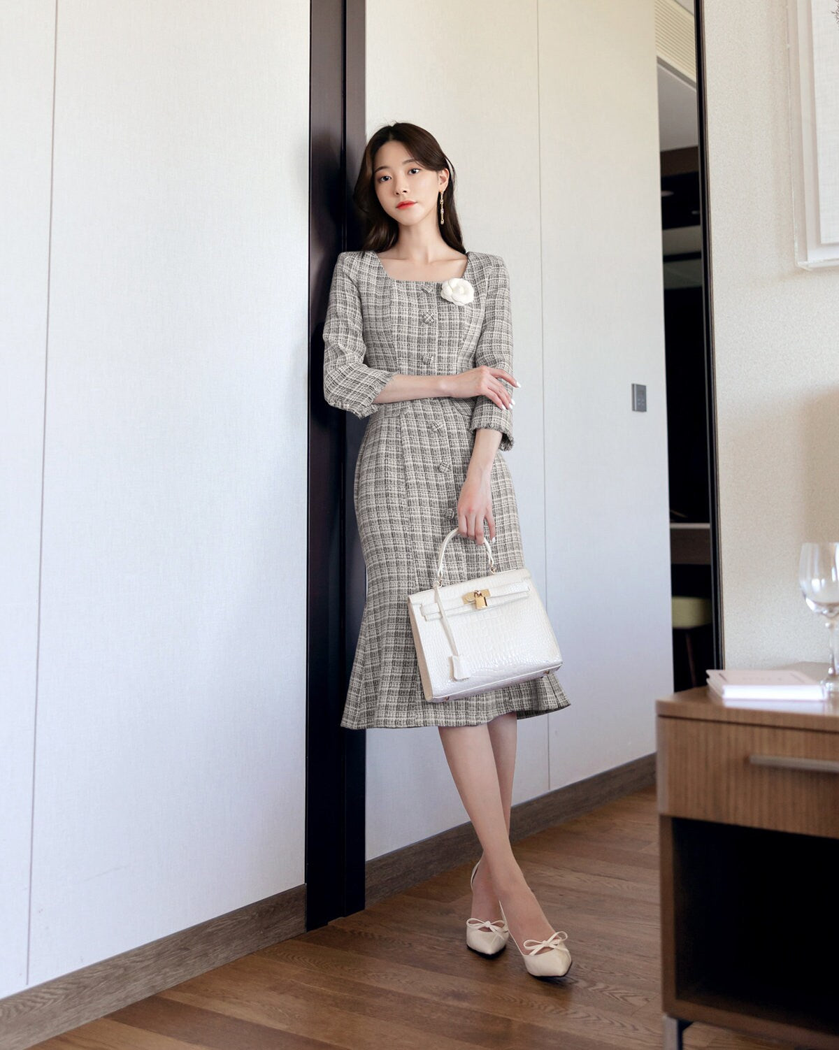 Elegant Feminine Semi-Mermaid Tweed Dress / Korean Style Mini Dress with Belt / Luxury Wear Elegant Dress for Spring, Fall