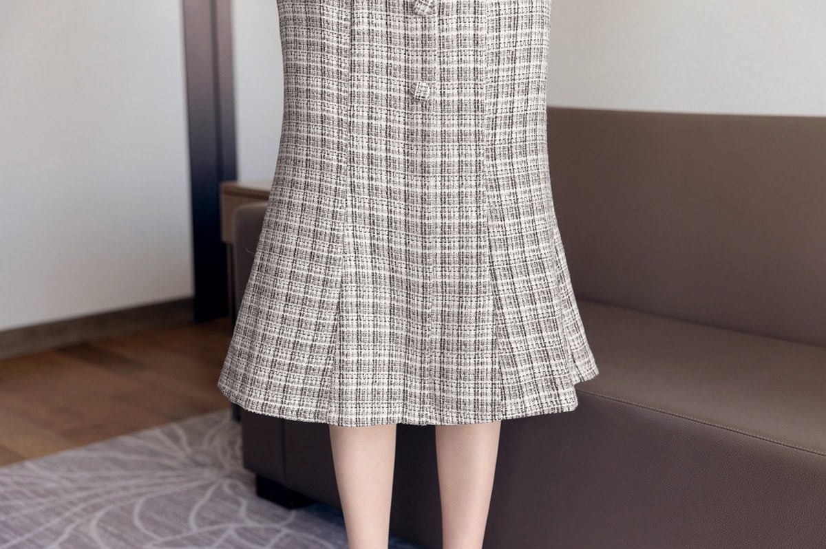 Elegant Feminine Semi-Mermaid Tweed Dress / Korean Style Mini Dress with Belt / Luxury Wear Elegant Dress for Spring, Fall