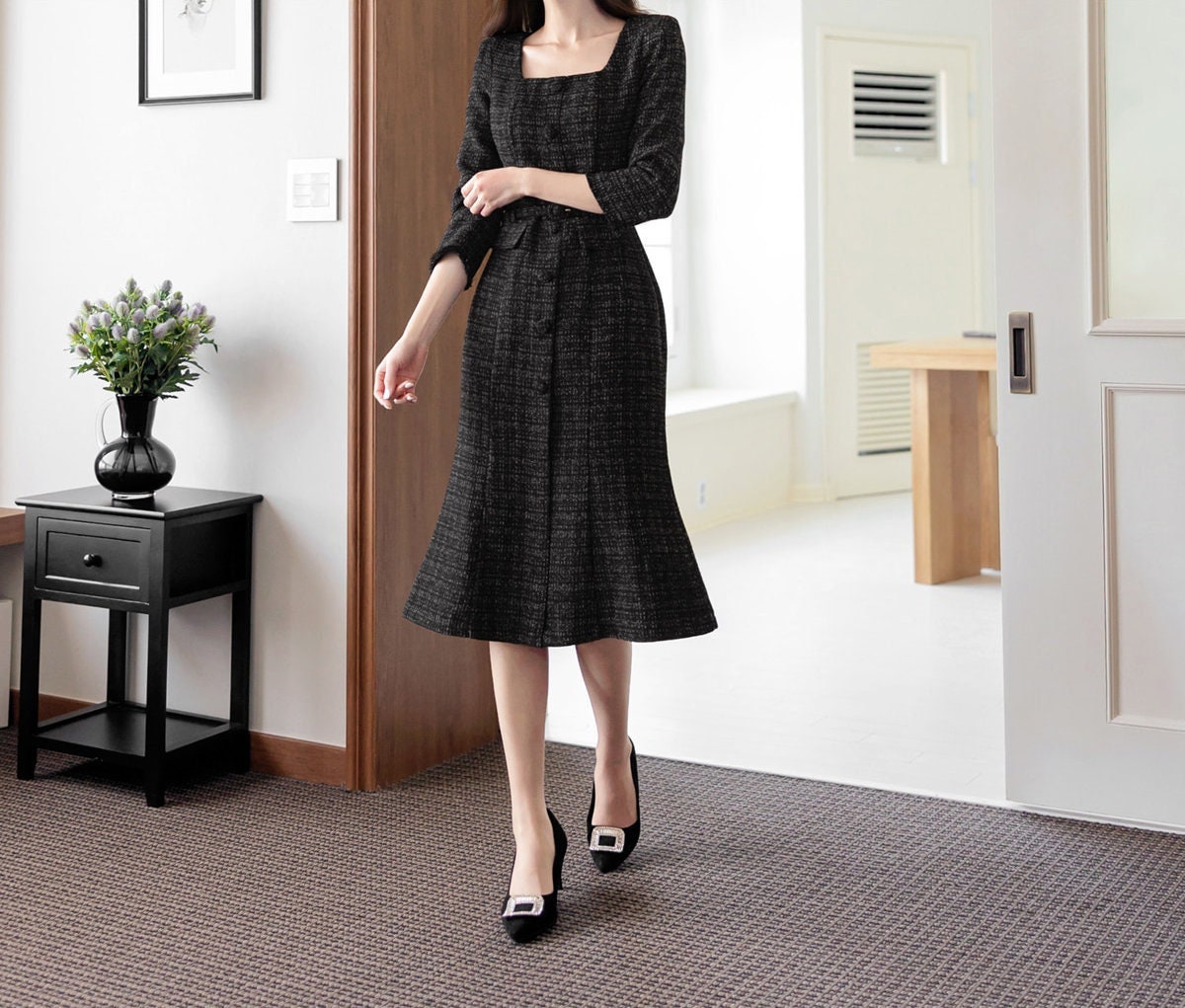 Elegant Feminine Semi-Mermaid Tweed Dress / Korean Style Mini Dress with Belt / Luxury Wear Elegant Black Dress for Spring, Fall