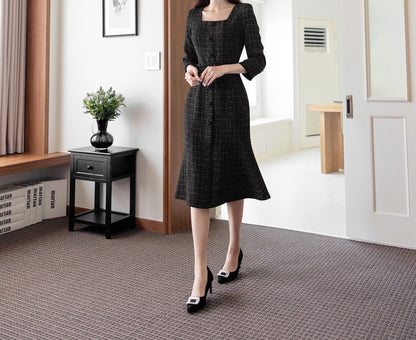 Elegant Feminine Semi-Mermaid Tweed Dress / Korean Style Mini Dress with Belt / Luxury Wear Elegant Black Dress for Spring, Fall