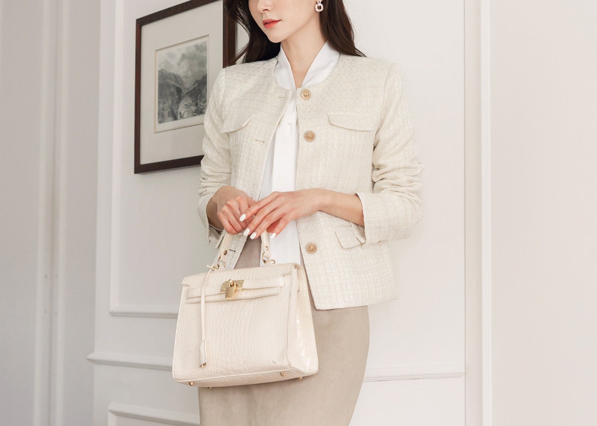 Elegant Tweed Jacket Cardigan / Korean Style Classic Cardigan Autumn Blazer / Long Sleeve Soft Jacket