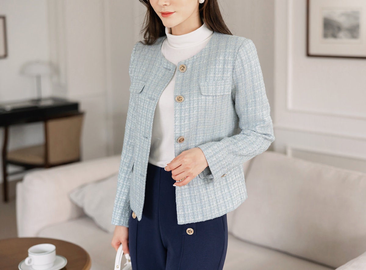 Elegant Tweed Jacket Cardigan / Korean Style Classic Cardigan Autumn Blazer / Long Sleeve Soft Jacket