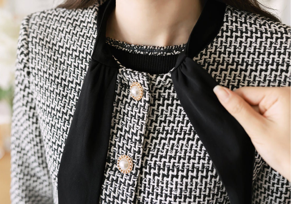 Elegant Feminine Tweed Jacket with Ribbon Tie / Korean Style Classic Cardigan Autumn Blazer / Long Sleeve Soft Jacket