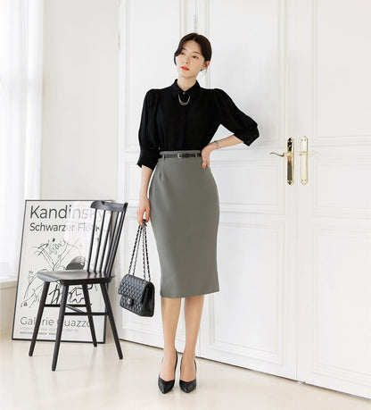 Korean Style Slim Skirt with Belt / Elegant Feminin Office Look Skirt / Basic Skirt