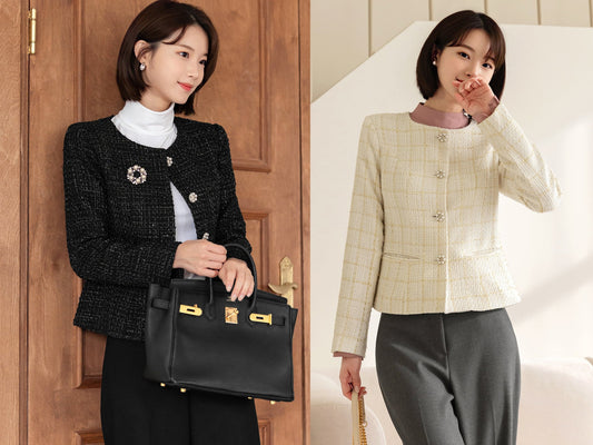 Elegant Tweed Jacket Blazer/ Korean Style Classic Cardigan Autumn Blazer / Long Sleeve Soft Jacket