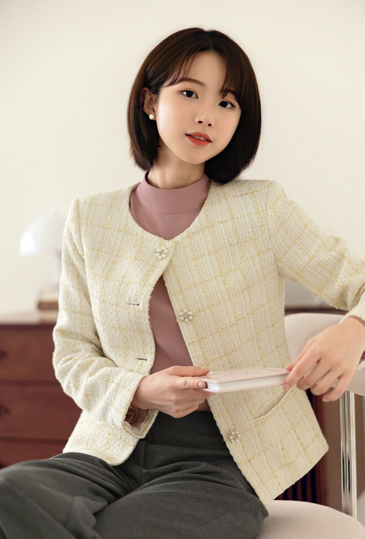 Elegant Tweed Jacket Blazer/ Korean Style Classic Cardigan Autumn Blazer / Long Sleeve Soft Jacket