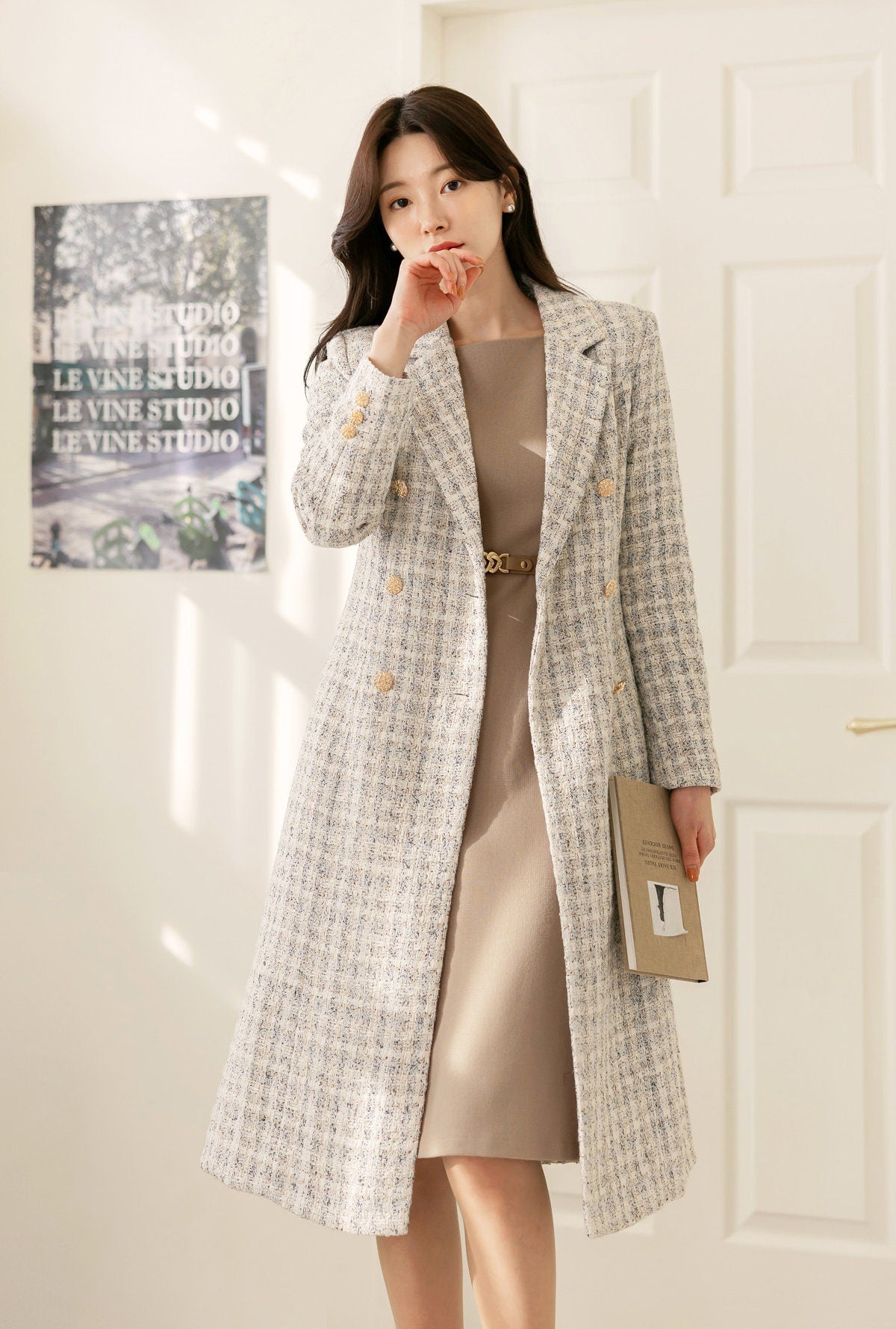 Elegant Feminine Classic Tweed Coat / Korean Style Coat Jacket for Women / Women Long Double Breasted Coat