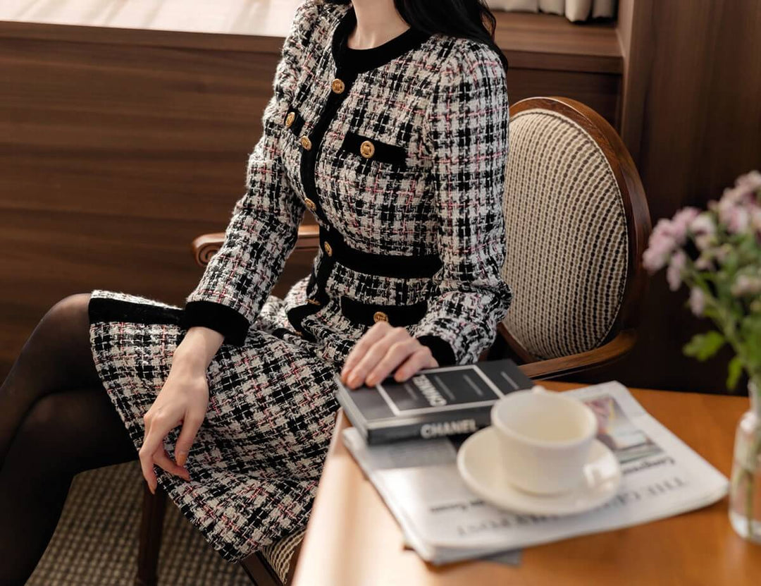 Elegant Classic Tweed Mini Dress with Gold Button STUDIO731 Elegant Classic Tweed Mini Dress with Gold Button STUDIO731