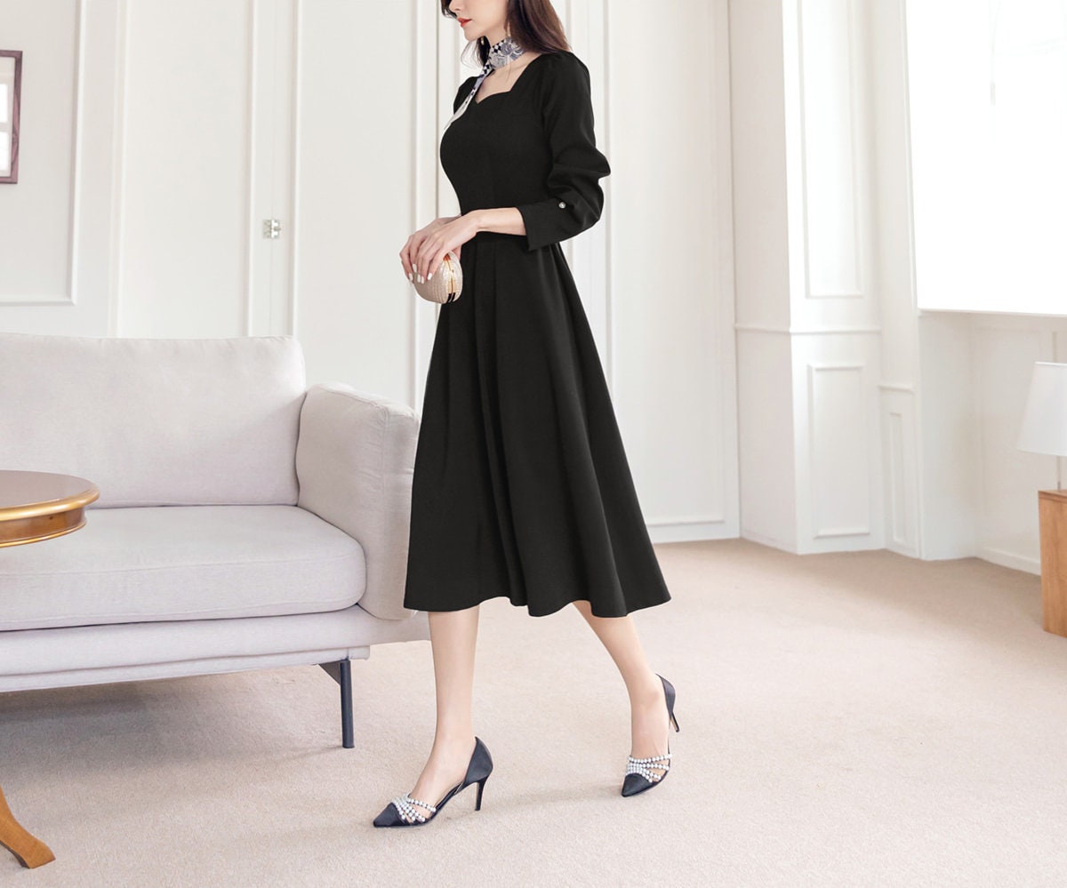 Elegant Feminin Sweetheart Neck Flare Dress / Korean Style Classic Midi Dress / Spring Summer Basic Long Sleeve Dress