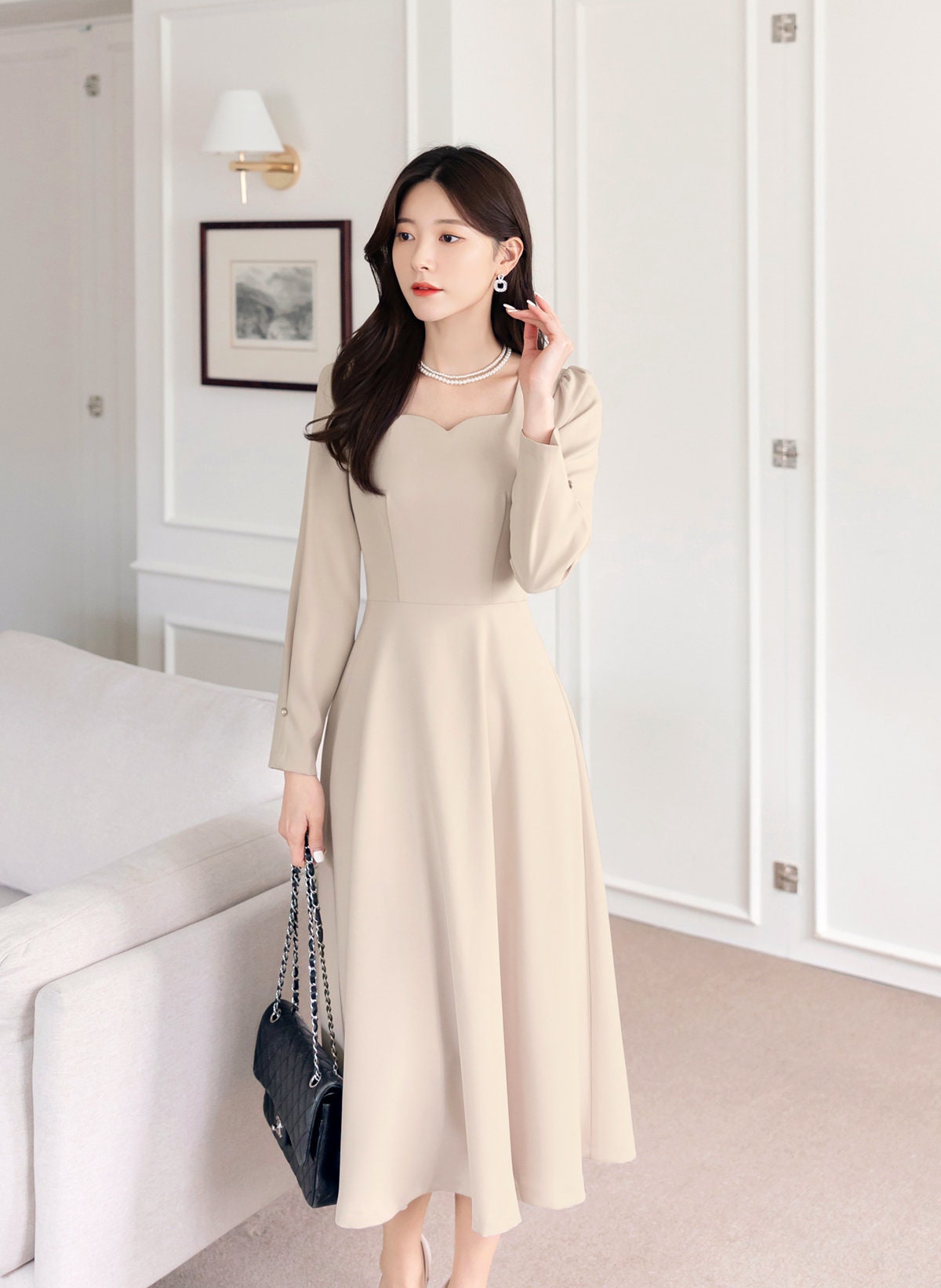 Elegant Feminin Sweetheart Neck Flare Dress / Korean Style Classic Midi Dress / Spring Summer Basic Long Sleeve Dress