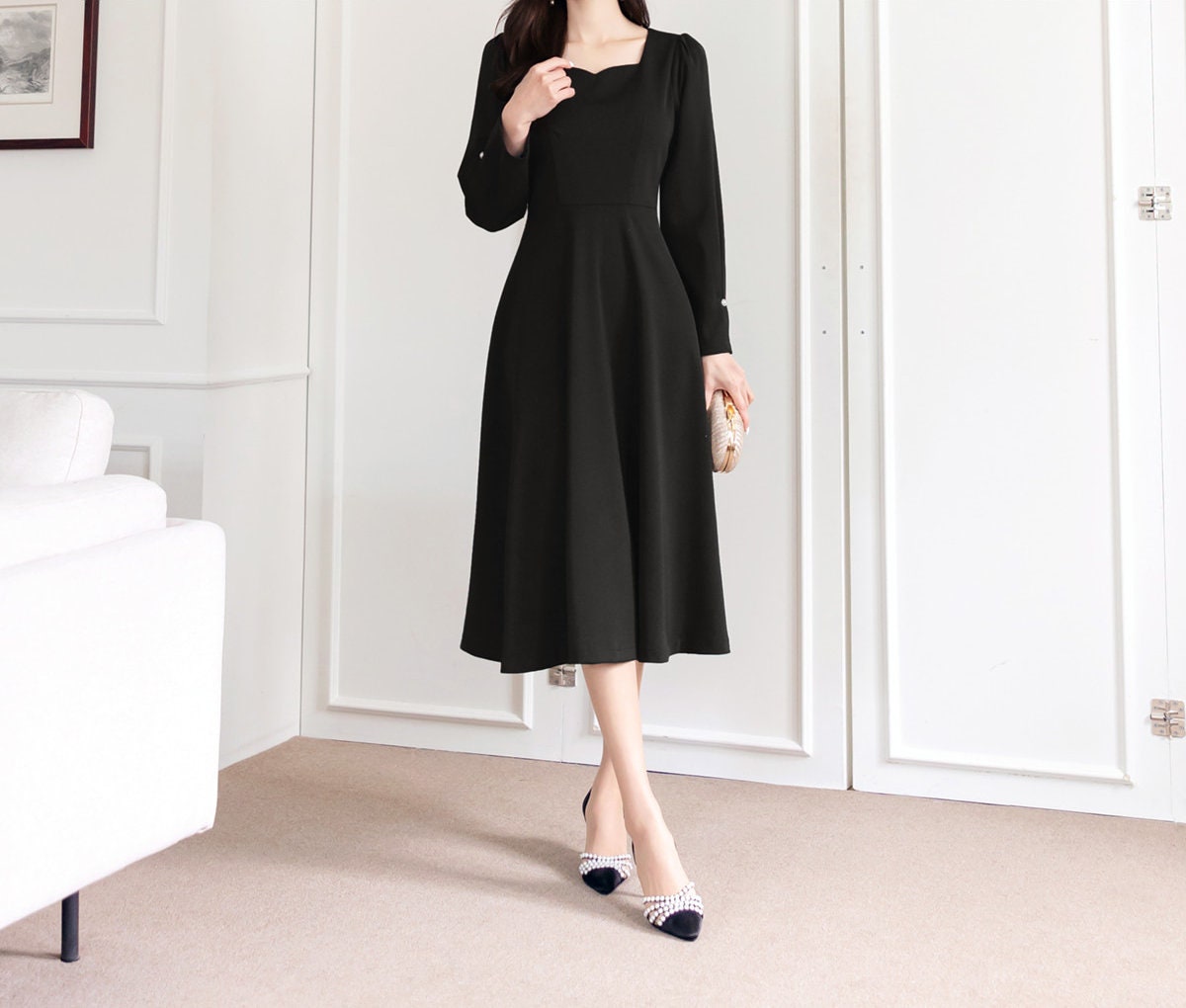 Elegant Feminin Sweetheart Neck Flare Dress / Korean Style Classic Midi Dress / Spring Summer Basic Long Sleeve Dress