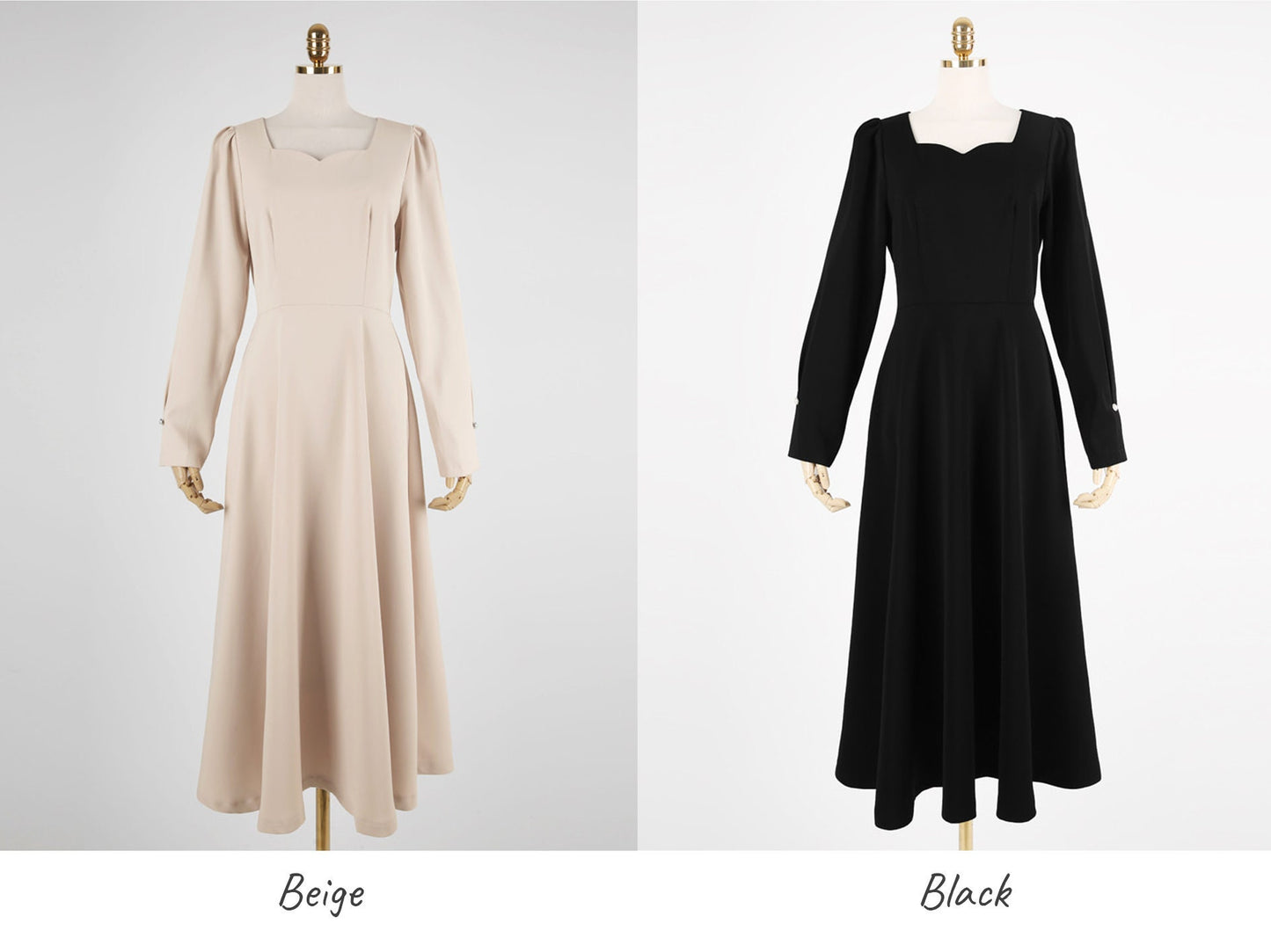 Elegant Feminin Sweetheart Neck Flare Dress / Korean Style Classic Midi Dress / Spring Summer Basic Long Sleeve Dress