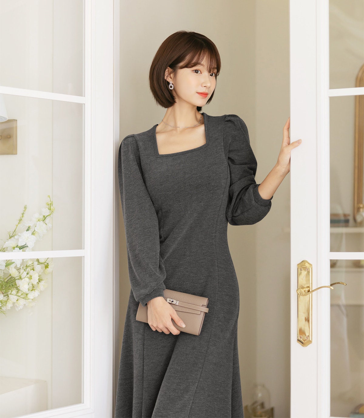 Feminine Square Neck Long Dress for Women / Korean Style Women Easy Dress / Feminine Long Dress Loungewear Dress