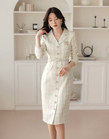 Elegant Tweed Dress with Belt / Korean Style Classic Midi Dress / Luxury wear Elegant Dress in Ivory