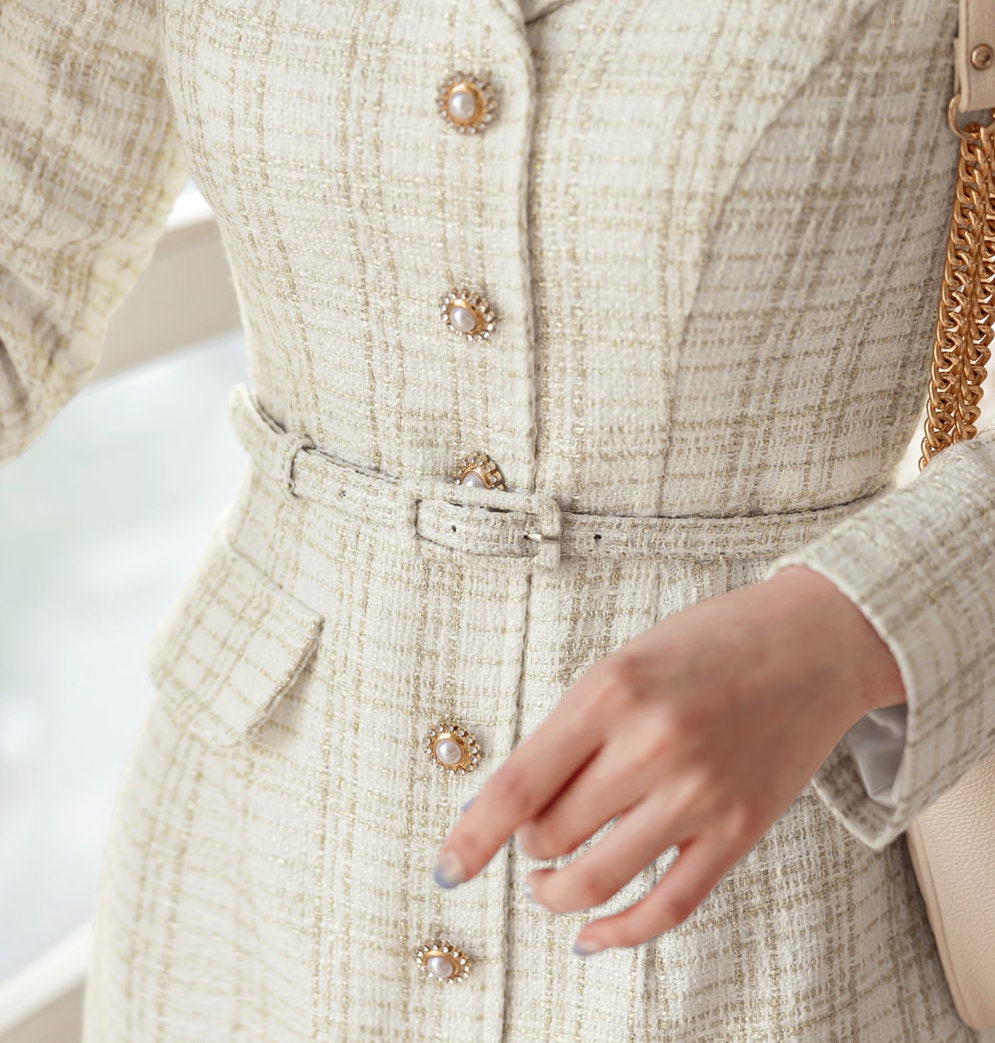 Elegant Tweed Dress with Belt / Korean Style Classic Midi Dress / Luxury wear Elegant Dress in Ivory