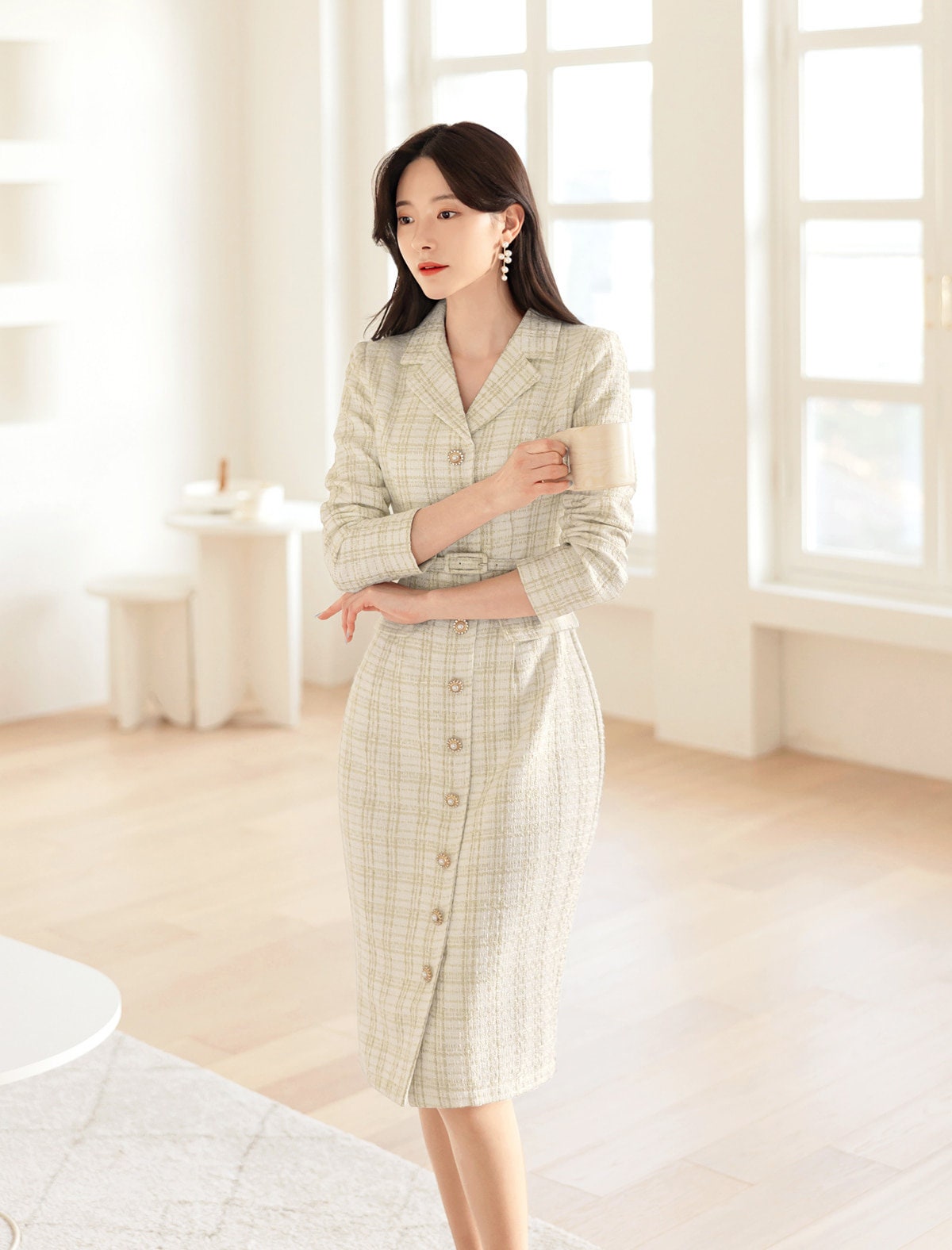 Elegant Tweed Dress with Belt / Korean Style Classic Midi Dress / Luxury wear Elegant Dress in Ivory