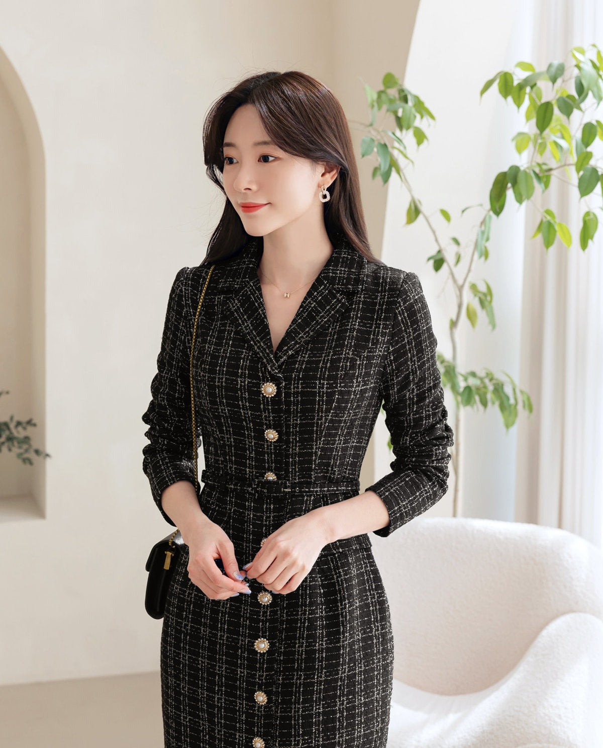 Elegant Tweed Dress with Belt / Korean Style Classic Midi Dress / Luxury wear Elegant Dress in Black