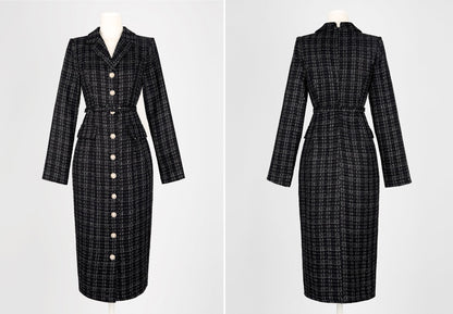 Elegant Tweed Dress with Belt / Korean Style Classic Midi Dress / Luxury wear Elegant Dress in Black