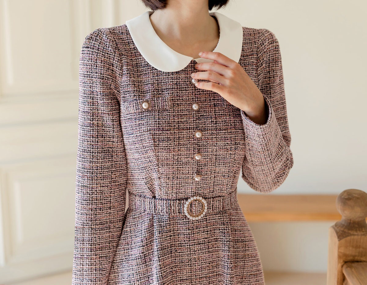 Lovely Feminine Tweed Flare Dress / Korean Style Midi Dress with Long Sleeve / Elegant Pink Dress with Belt