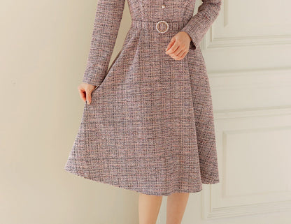 Lovely Feminine Tweed Flare Dress / Korean Style Midi Dress with Long Sleeve / Elegant Pink Dress with Belt