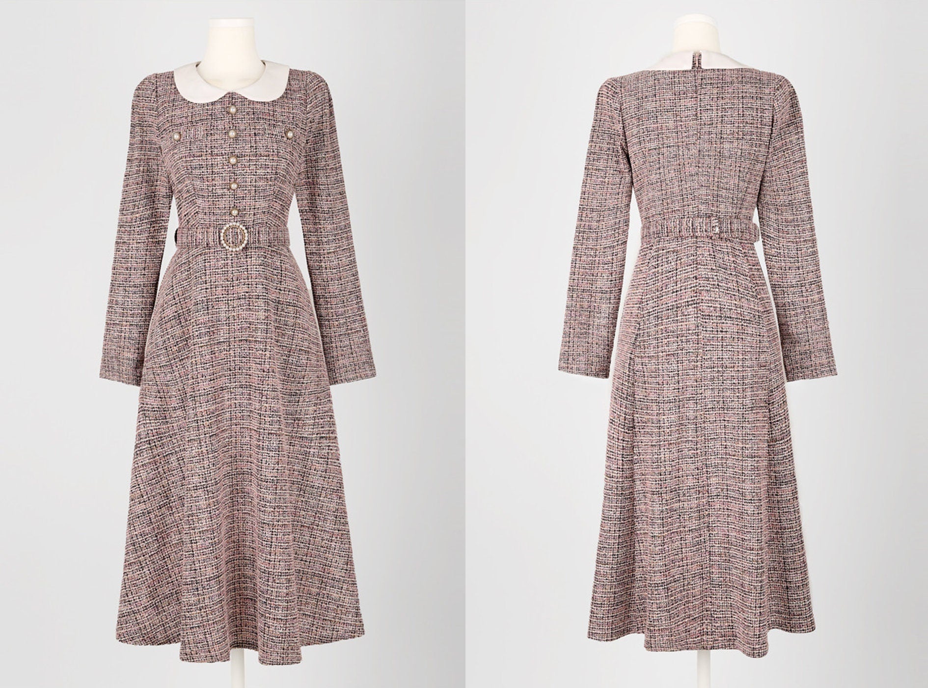 Lovely Feminine Tweed Flare Dress / Korean Style Midi Dress with Long Sleeve / Elegant Pink Dress with Belt