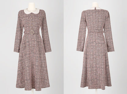 Lovely Feminine Tweed Flare Dress / Korean Style Midi Dress with Long Sleeve / Elegant Pink Dress with Belt