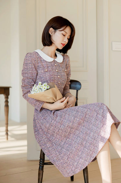 Lovely Feminine Tweed Flare Dress / Korean Style Midi Dress with Long Sleeve / Elegant Pink Dress with Belt