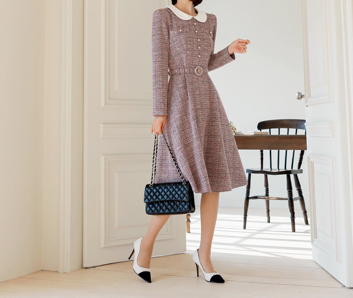 Lovely Feminine Tweed Flare Dress / Korean Style Midi Dress with Long Sleeve / Elegant Pink Dress with Belt