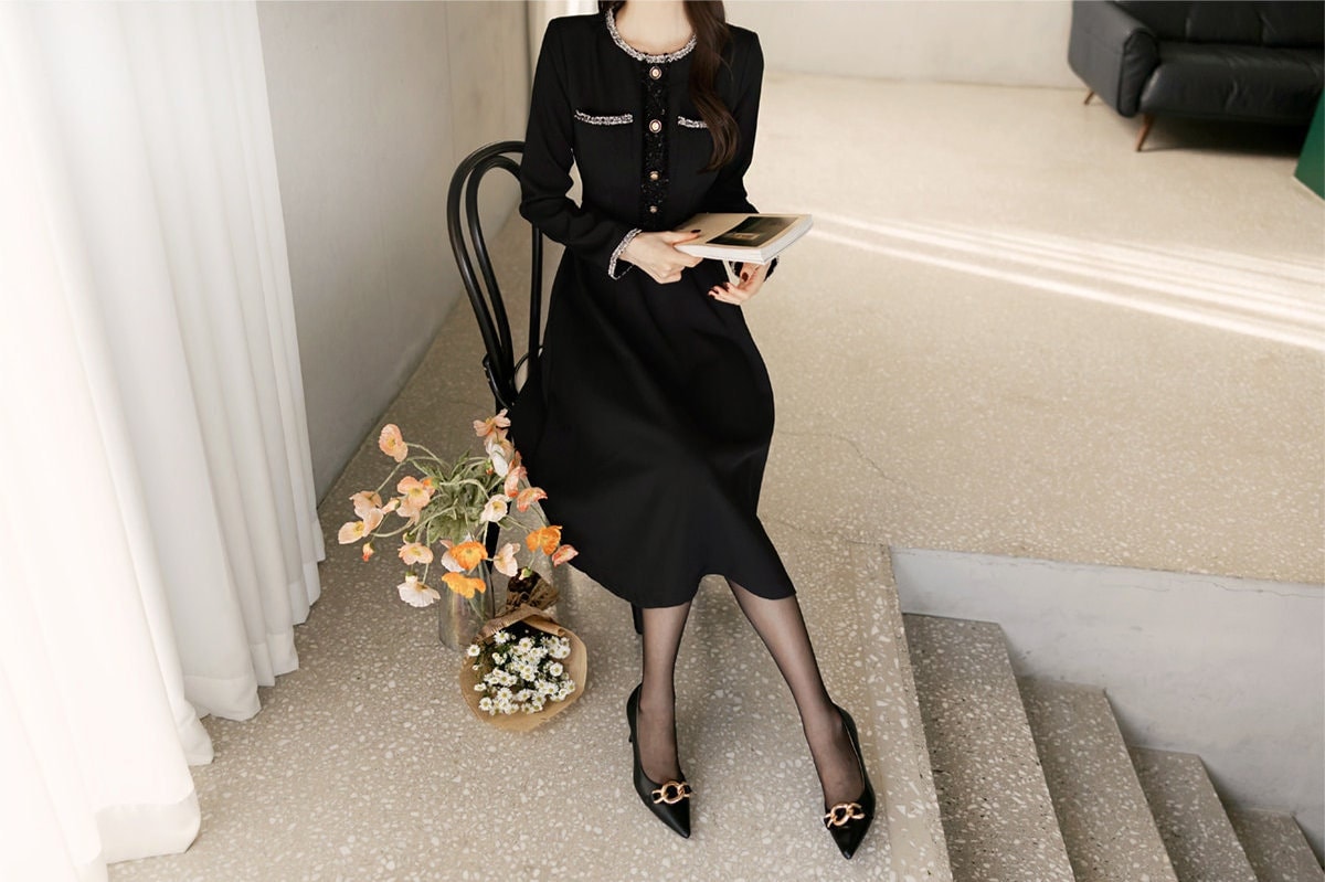 Elegant Feminin Flare Dress / Korean Style Classic Midi Dress / Fall Winter Basic Long Sleeve Flare Dress in Black