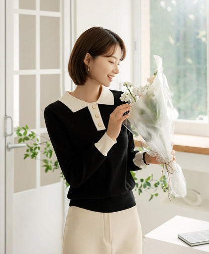 Long Sleeve Soft Knit Top with Gold Button / Korean Style Women Clothes / Office Look Top / Everyday Soft Knit Top