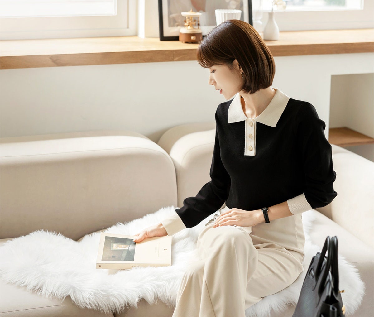 Long Sleeve Soft Knit Top with Gold Button / Korean Style Women Clothes / Office Look Top / Everyday Soft Knit Top