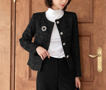 Elegant Tweed Jacket Blazer/ Korean Style Classic Cardigan Autumn Blazer / Long Sleeve Soft Jacket