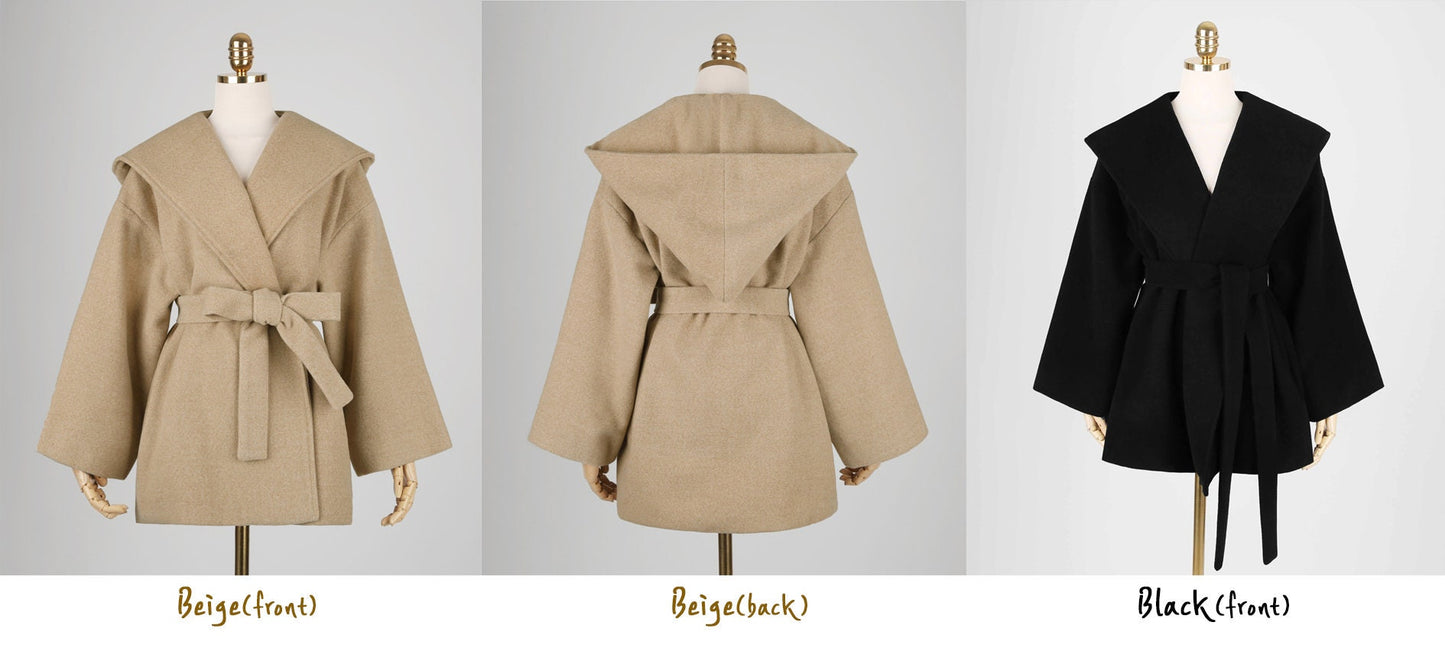 Romantic Style Winter Hood Coat for Women / Korean Style Short Jacket with Belt